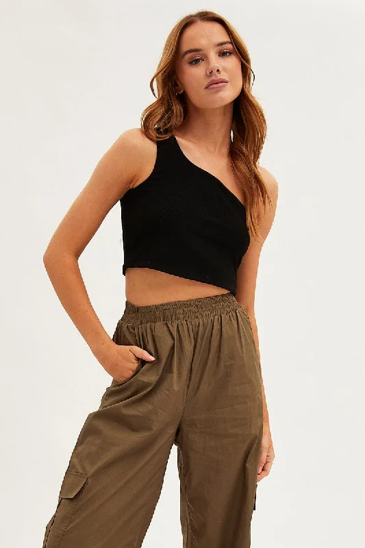 Black Crop Top Sleeveless One Shoulder