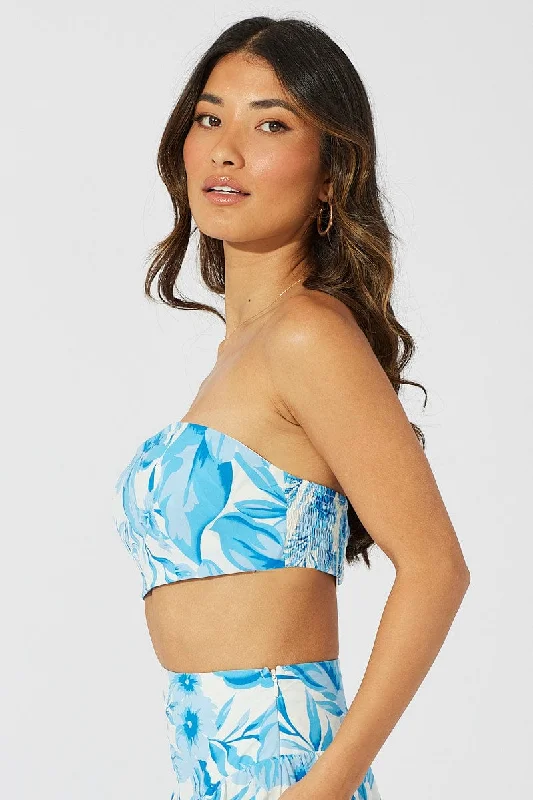 Blue Floral Bandeau Crop Top Strapless Tube Top