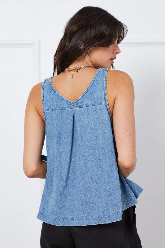 Blue Singlet Top Sleeveless V-Neck