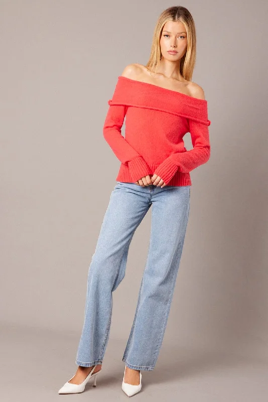 Red Knit Top Long Sleeve Off Shoulder