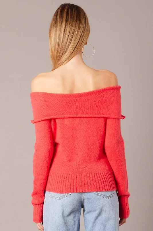 Red Knit Top Long Sleeve Off Shoulder