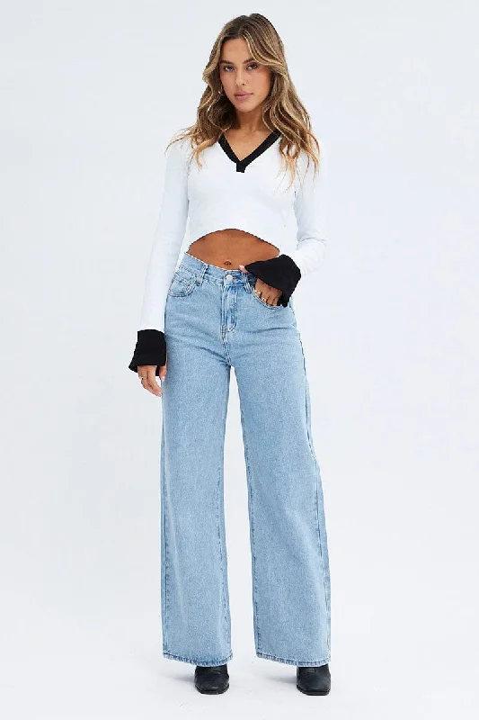 White Crop Top Contrast Collar And Sleeve Cuff