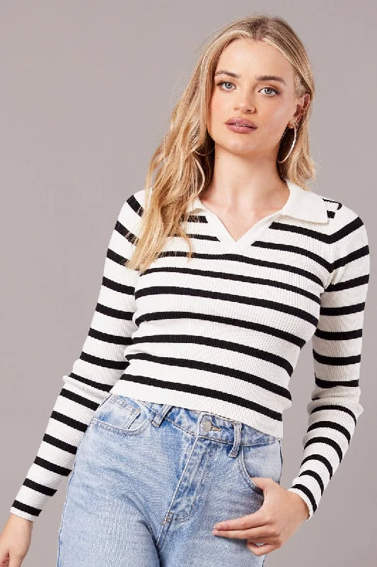 White Stripe Knit Top Long Sleeve Collared