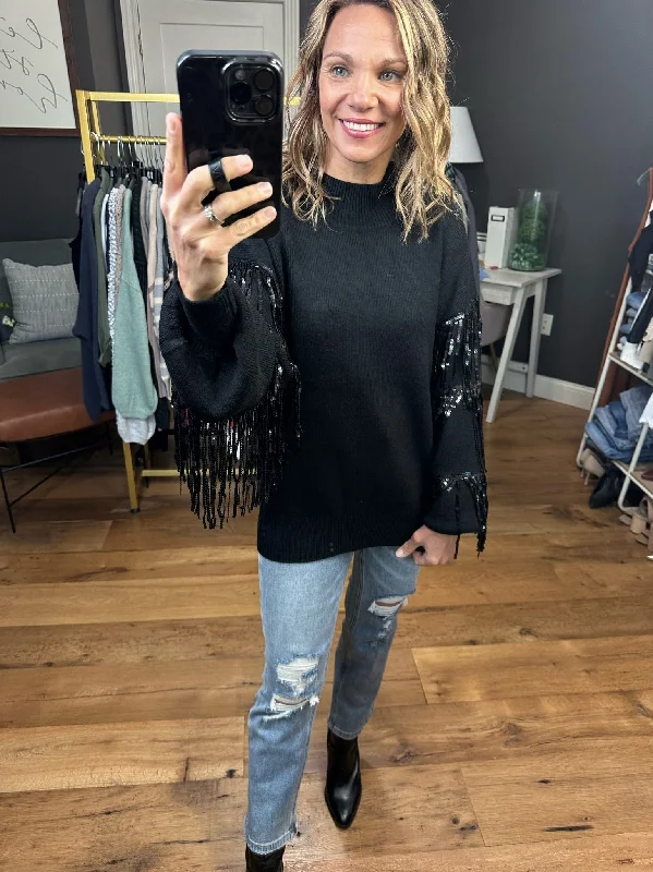 The Right Moves Fringe + Sequin Sleeve Sweater - Black