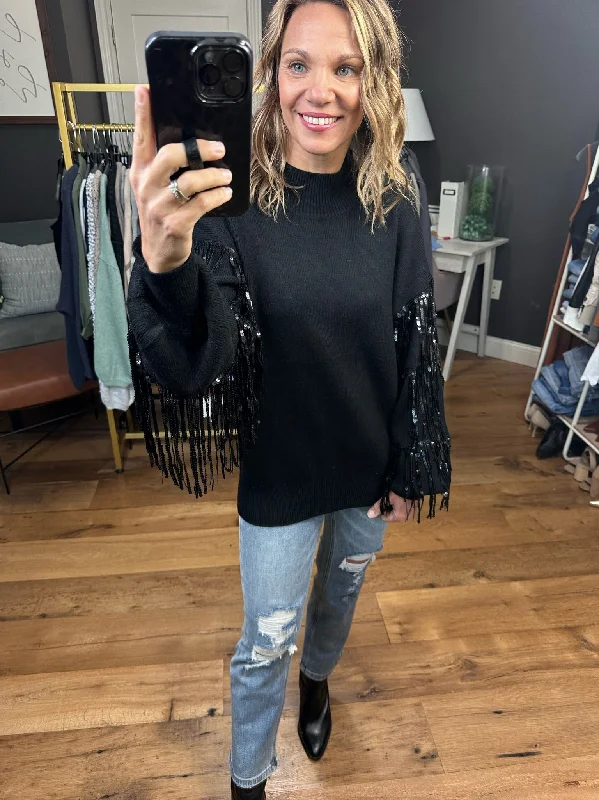 The Right Moves Fringe + Sequin Sleeve Sweater - Black