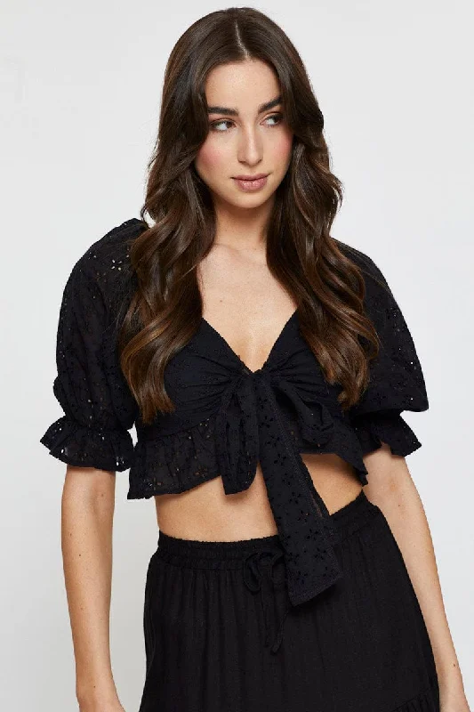 Black Wrap Top Short Sleeve Tie Up