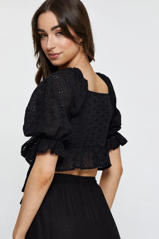 Black Wrap Top Short Sleeve Tie Up