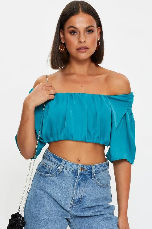 Blue Crop Top Short Sleeve Satin