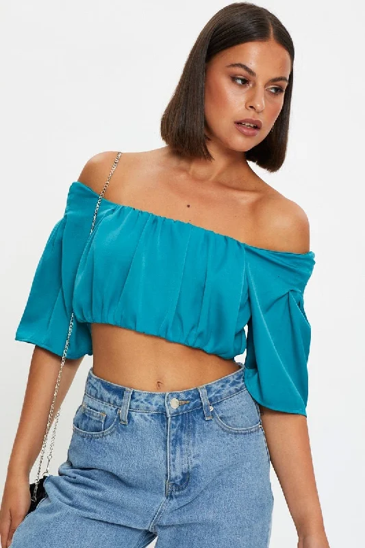 Blue Crop Top Short Sleeve Satin