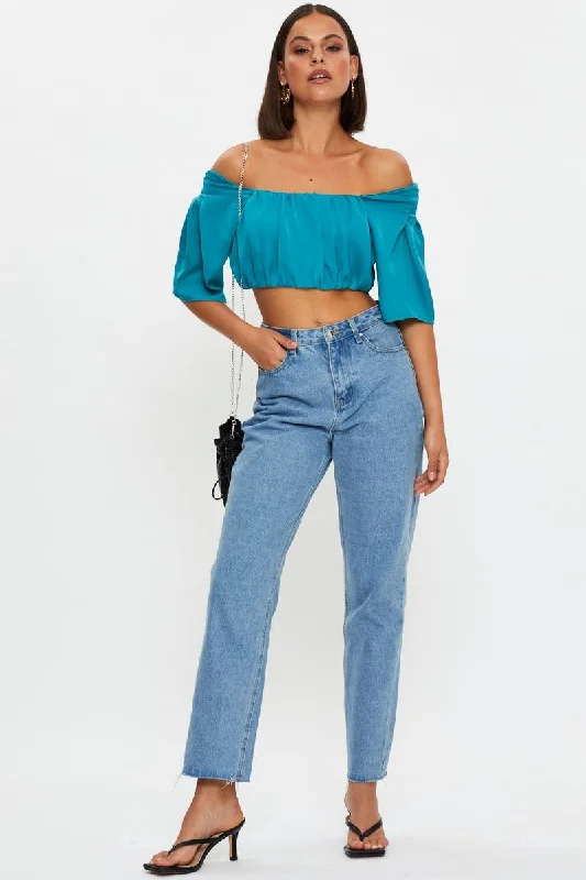 Blue Crop Top Short Sleeve Satin