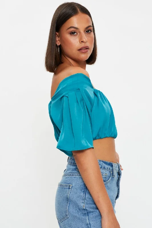 Blue Crop Top Short Sleeve Satin