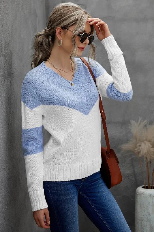 MegaBetty - Fashion Knitted Color Block V-Neck Casual Sweaters