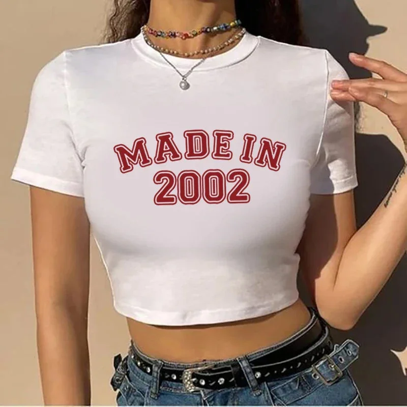 Made in 2002 American Retro Sports Style Crop Top O-Neck Baby Tee Crop Top