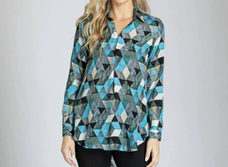 Geometric Print Tunic In Print In Blue, Black, Gray And White