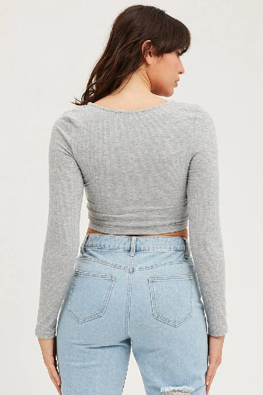 Grey Rib Crop Top Long Sleeve