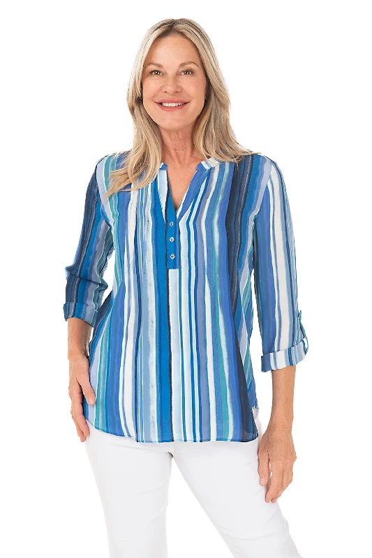 Surf Stripe Pleated Triple Button Blouse