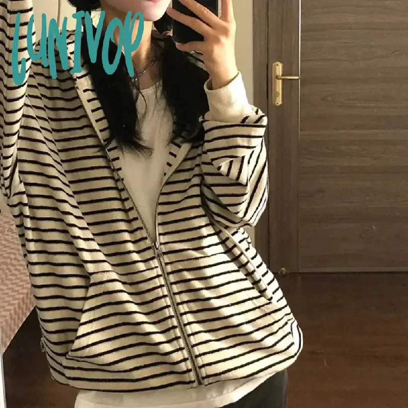 Lunivop Vintage Striped Oversized Hoodies Women Harajuku Kpop Zip Up Sweatshirts Korean Casual All-match Cardigan Grunge Gothic