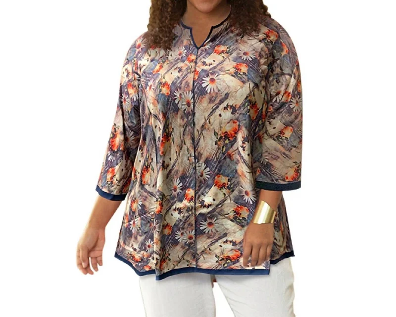 Notched V-Neck Anaise Tunic - Plus In Denim Floral Brushstroke