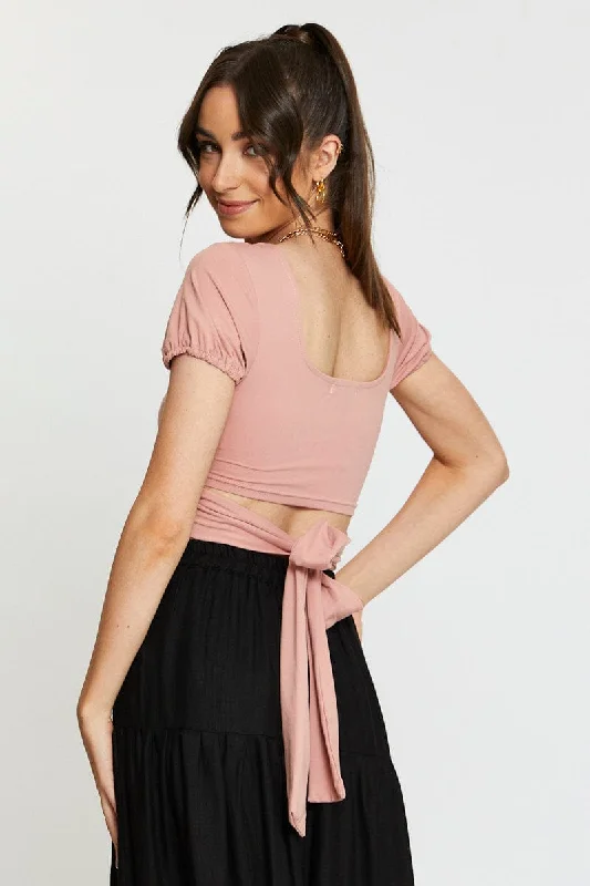 Pink Tie Back Crop Top Short Sleeve Ruche