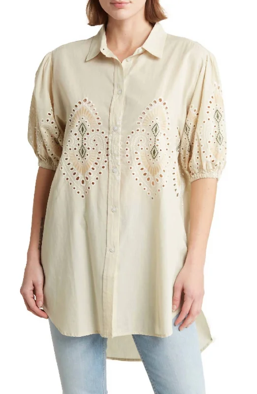 Puff Sleeve Tunic Top In Beige