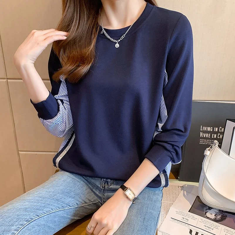 Purplish Blue Striped Long Sleeve Casual Sweatshirt