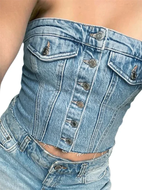 FashionSierra - 2024 Sexy Tube Sleeveless Buttons Up Bustiers Corsets Denim Off Shoulder Cropped Tank Mini Vest  Crop Tops