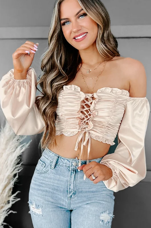 Taking Names Ruched Lace-Up Crop Top (Champagne)