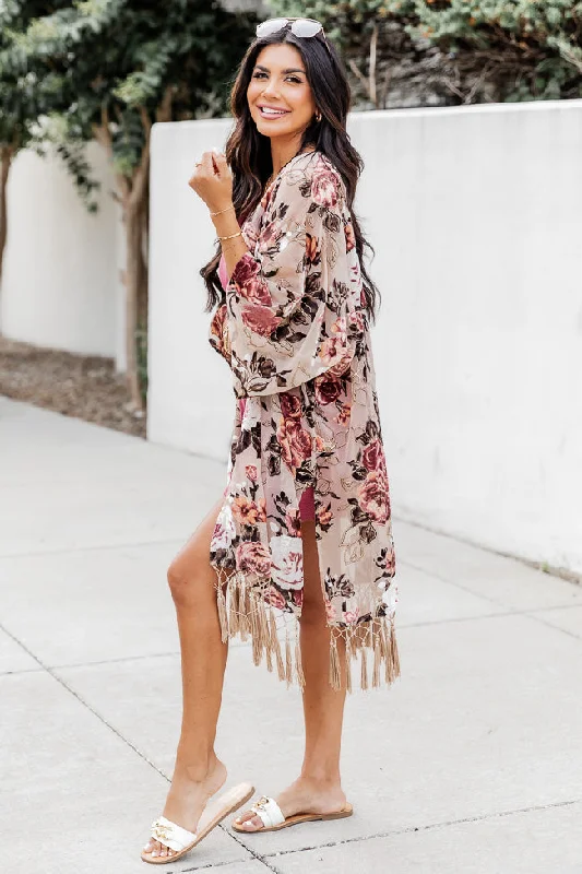 Unapologetically You Beige Velvet Floral Fringe Hem Kimono