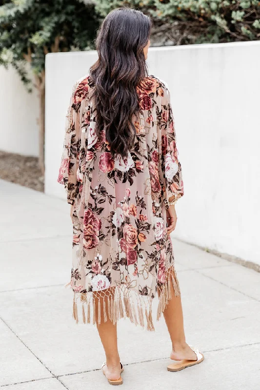 Unapologetically You Beige Velvet Floral Fringe Hem Kimono