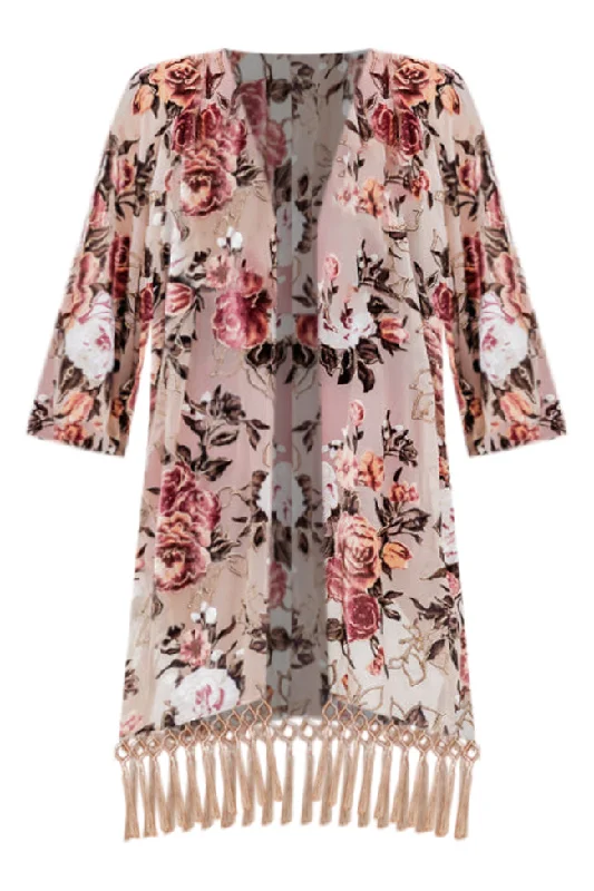 Unapologetically You Beige Velvet Floral Fringe Hem Kimono