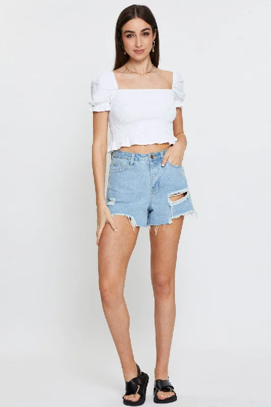 White Crop Top Short Sleeve Square Neck Shirred Waist