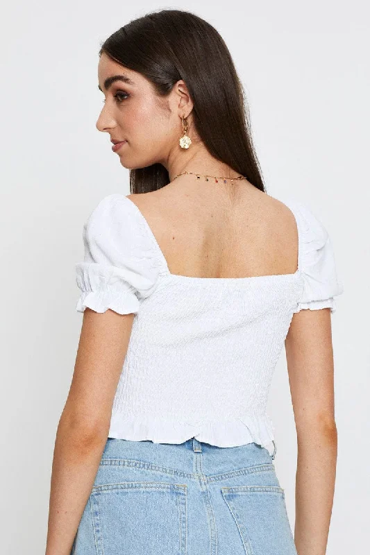 White Crop Top Short Sleeve Square Neck Shirred Waist