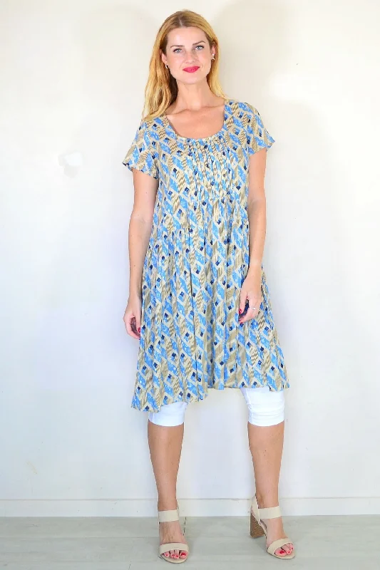 Beige Blue Pintuck Pleats Tunic Dress