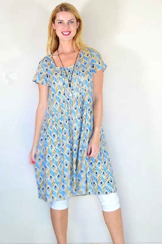 Beige Blue Pintuck Pleats Tunic Dress