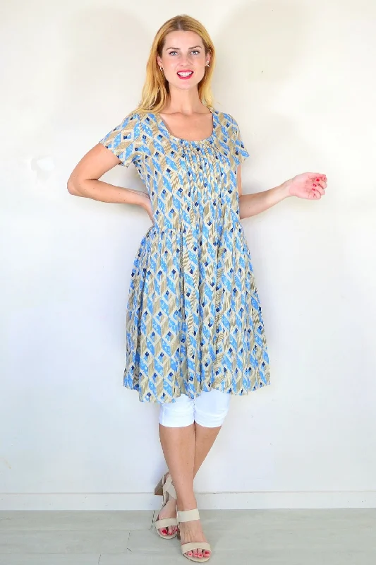 Beige Blue Pintuck Pleats Tunic Dress