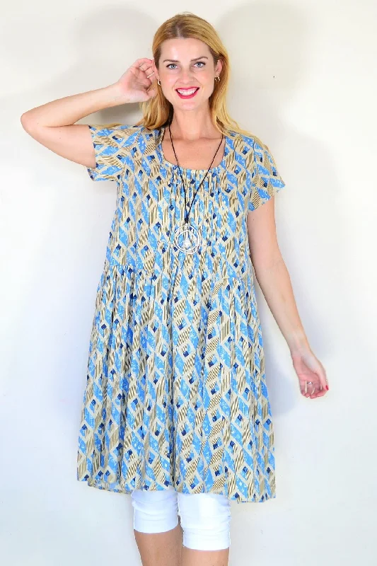 Beige Blue Pintuck Pleats Tunic Dress