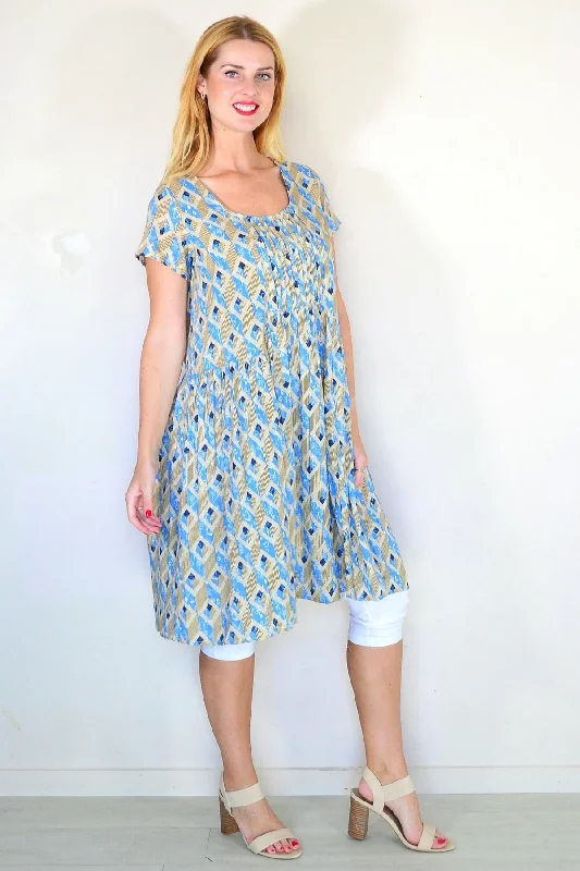 Beige Blue Pintuck Pleats Tunic Dress