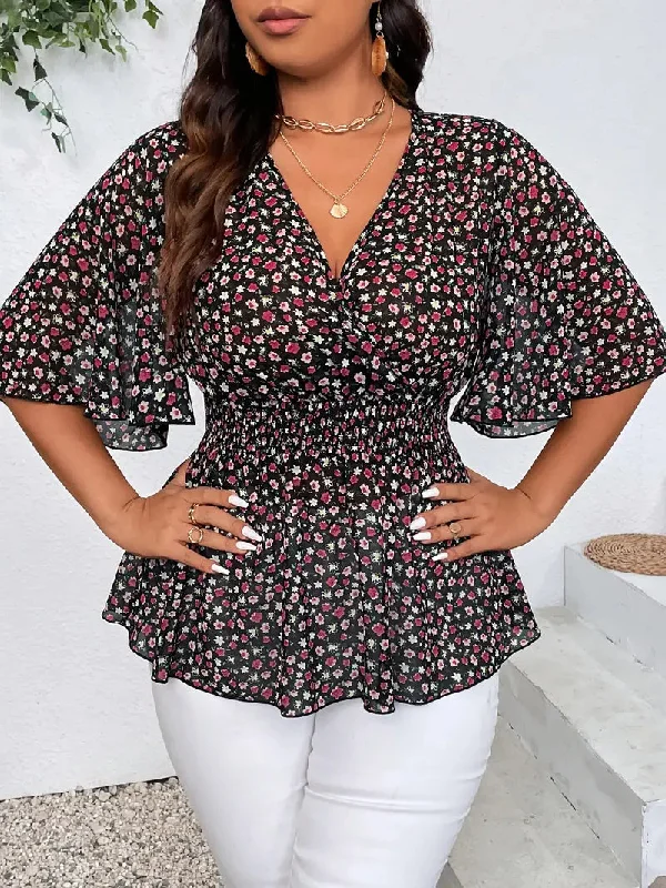 Belinda Plus Size Floral Print Shirred Waist Blouse