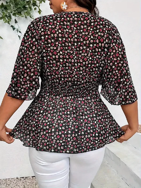 Belinda Plus Size Floral Print Shirred Waist Blouse