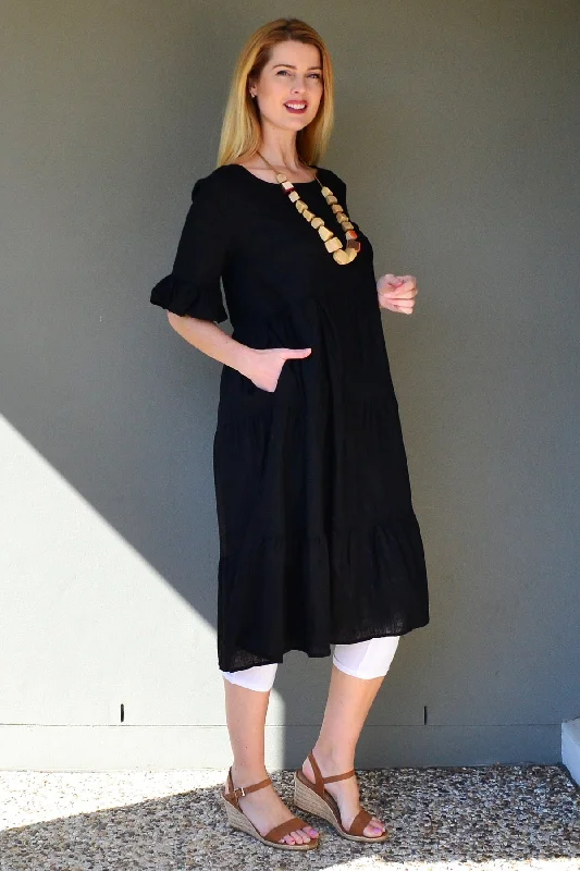 Black Linen Blend Midi Dress