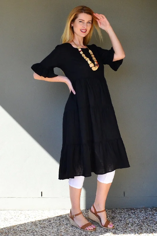 Black Linen Blend Midi Dress