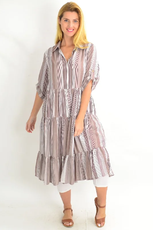 Brown Classic Strip Collar Tunic Dress