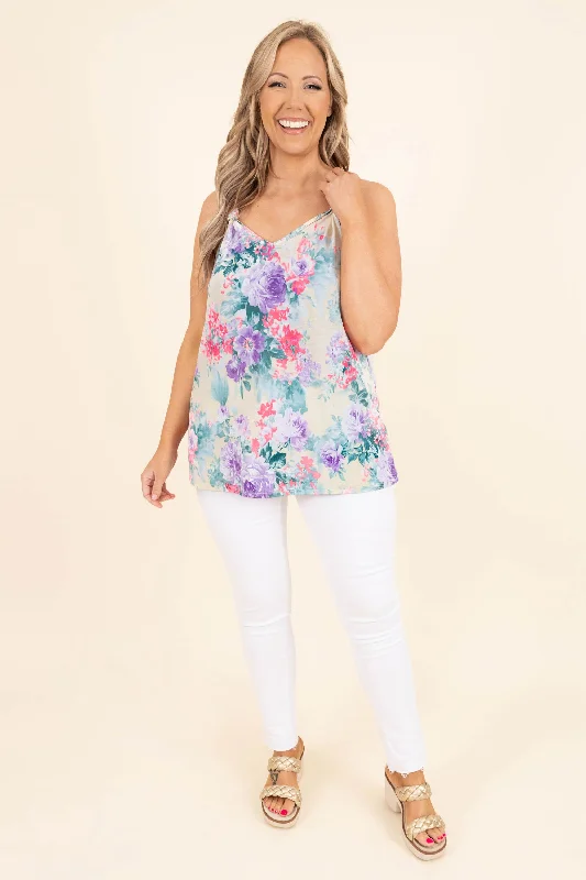 Floral Fancy Tank, Ivory-Neon Pink