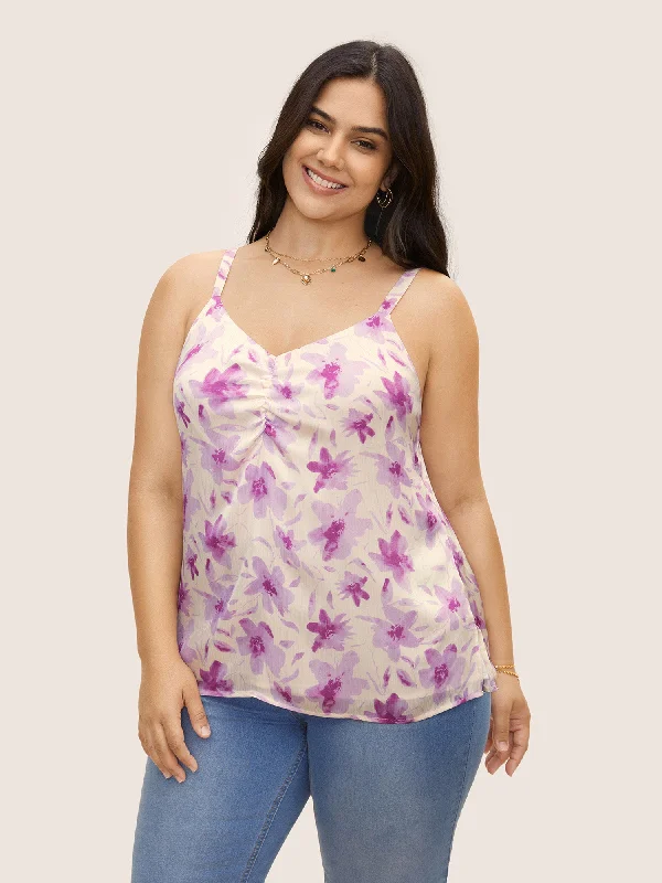 Floral Print Ruched Split Hem Cami Top