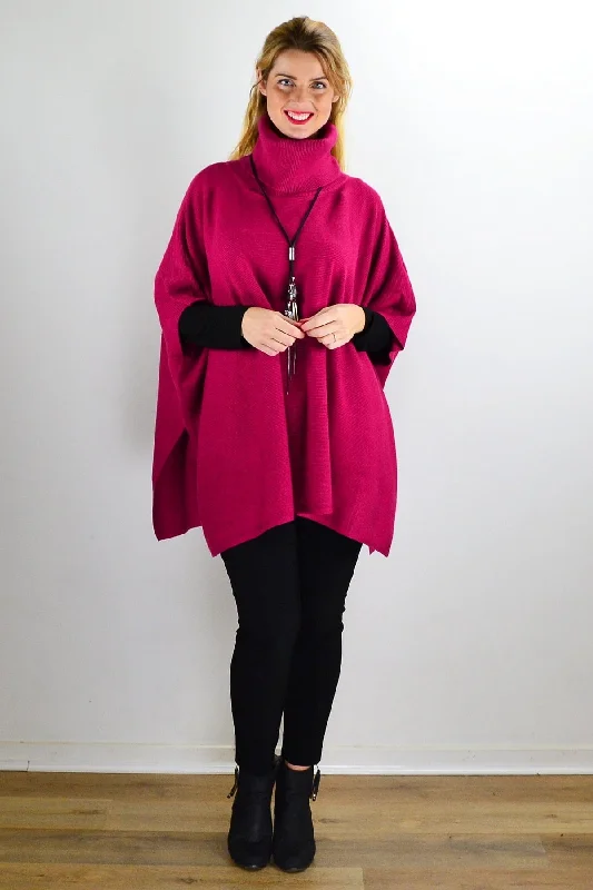 Fuchsia Turtle Neck Wool Blend Knit Poncho