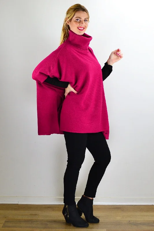 Fuchsia Turtle Neck Wool Blend Knit Poncho