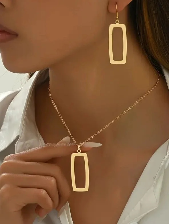 Geometric Hollow Square Pendant Necklace and Earrings Set