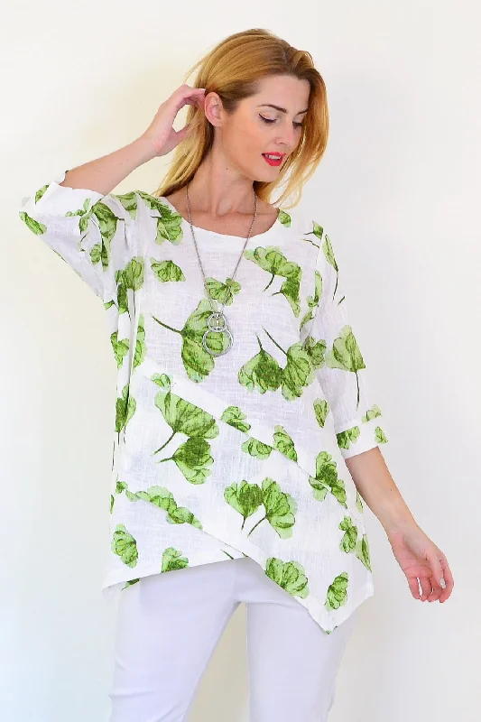 Green Flower Linen Blend Tunic Top