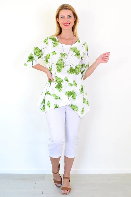 Green Flower Linen Blend Tunic Top