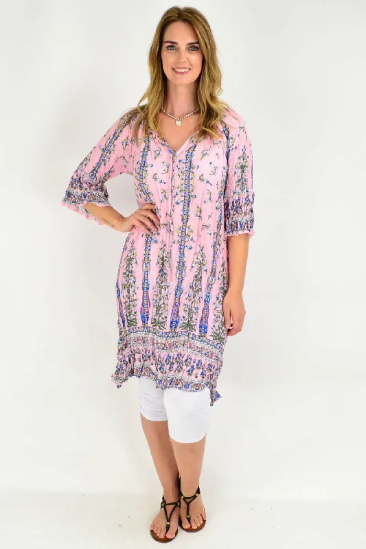 Light Pink Floral Crinkle Tie Tunic Dress